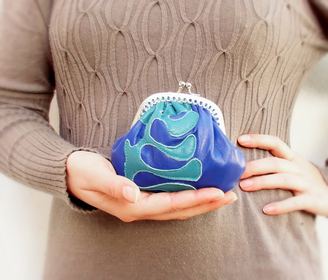 Leather Kiss Lock Wallet Applique Blue and Teal Leather Etsy