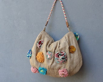 Bohemian Flower Purse Linen and  Crocheted Flowers Bag