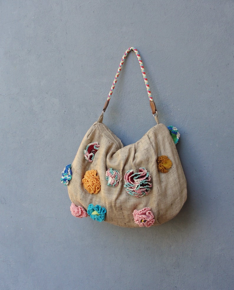 Bohemian Flower Purse Linen and Crocheted Flowers Bag image 1