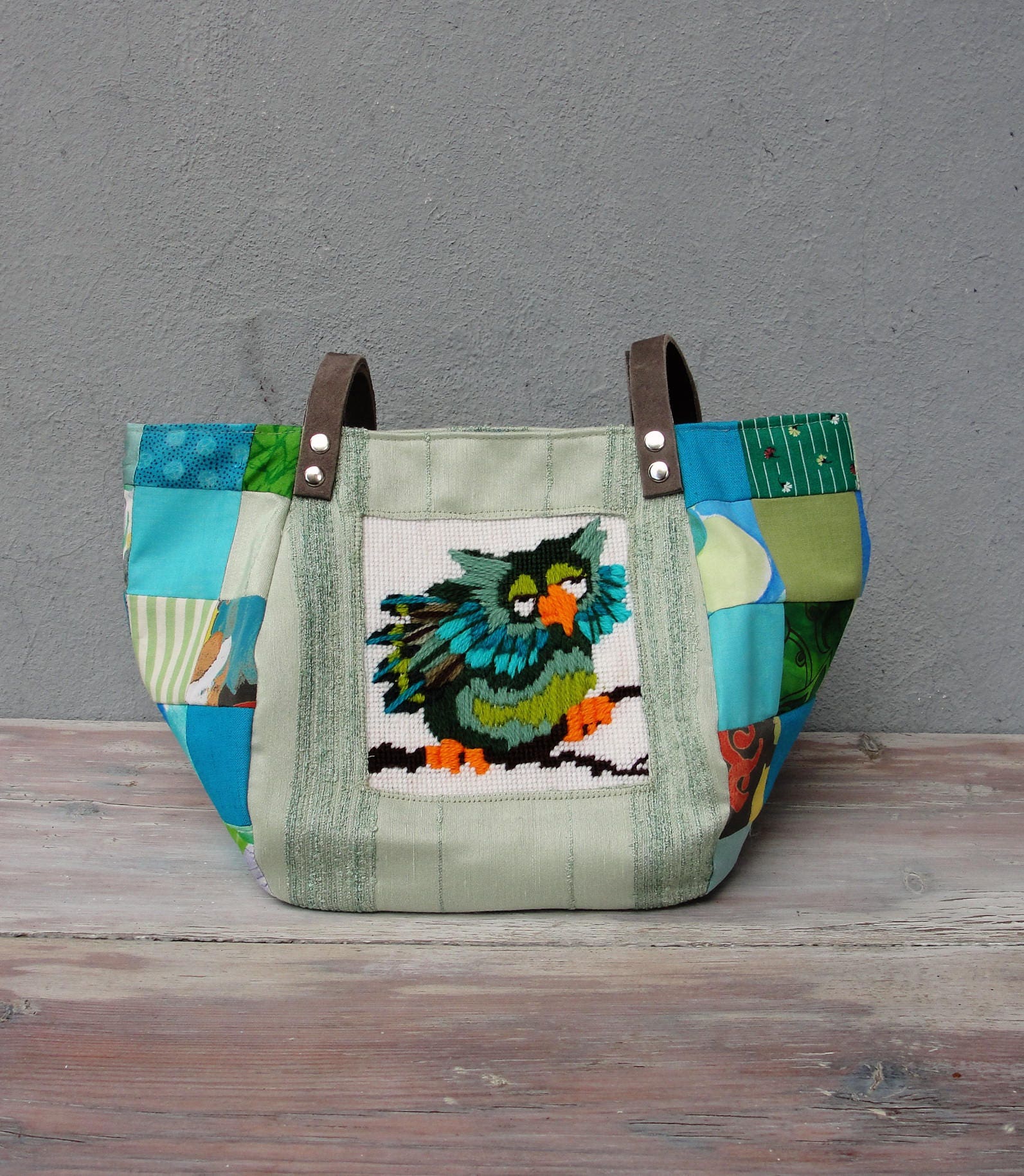 Woodland Owl Bag - Vintage Embroidery, Blue Green Colors, Patchwork and Leather Bag.