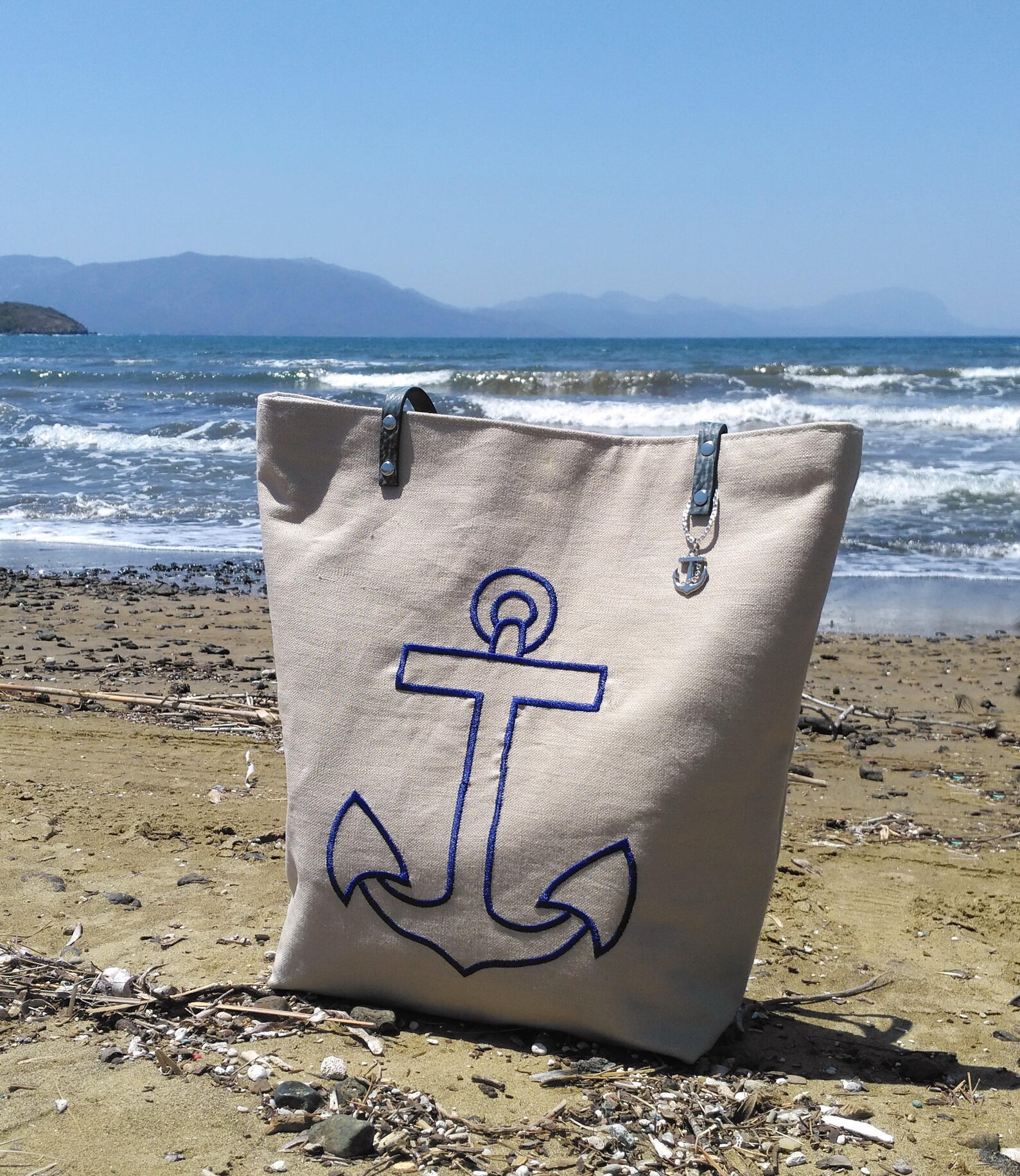 Nautical Anchor Tote Beach Bag Linen Embroidered Beach Tote Etsy