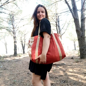 Large Linen Tote, Carryall, Burnt Terra Orange Linen, Vintage Floral Canvas image 5