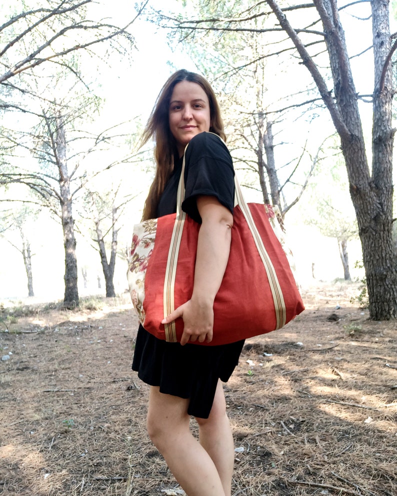 Large Linen Tote, Carryall, Burnt Terra Orange Linen, Vintage Floral Canvas image 5