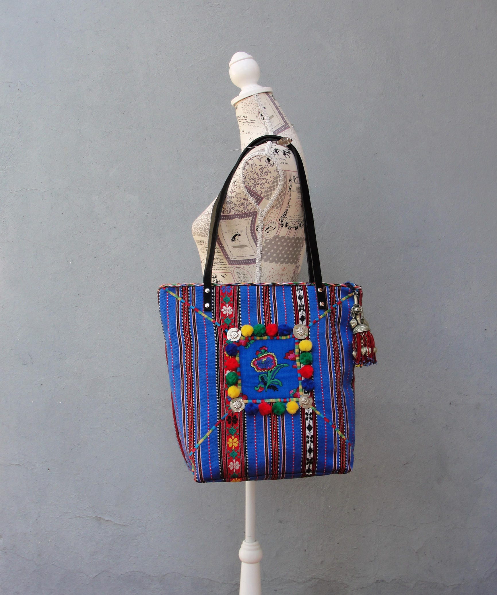 Bohemian Pompom Bag Handwoven Folklore Tote Kuchi Charms - Etsy