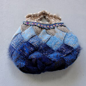 Ombre Knitted Bag, Soft Ocean Colors Bohemian Bag, Dark Blue, Light Blue and Sand Color image 4