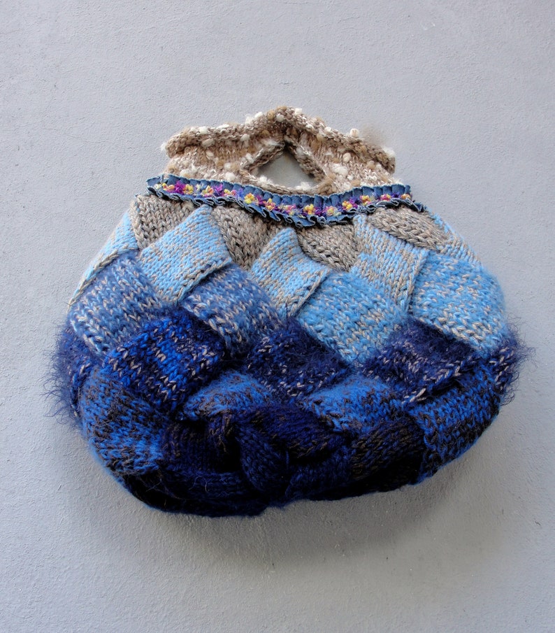 Ombre Knitted Bag, Soft Ocean Colors Bohemian Bag, Dark Blue, Light Blue and Sand Color image 4