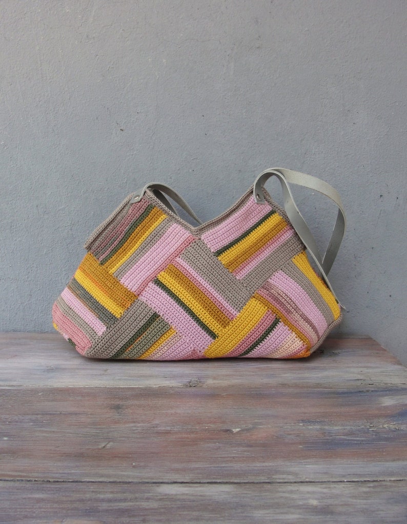 Crocheted Pastel Striped Bag with Leather Strap, Grey, Yellow Pink shades image 1