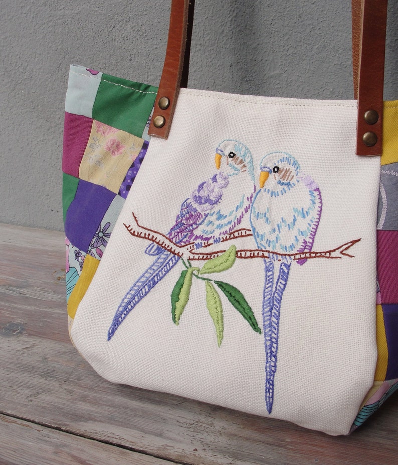 Woodland Parakeet Bird Bag Vintage Embroidery, Purple Patchwork and Leather Bag. image 2