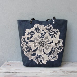Live, Laugh, Love - Wool Suiting, Leather and Antique Lace Tote Bag
