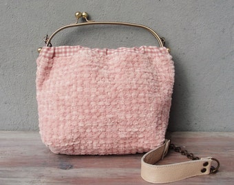 Cotton Candy Bag, Hand Woven Chenille Pink Bag, Woven Bag, Leather Strap, Kiss-lock, Gingham
