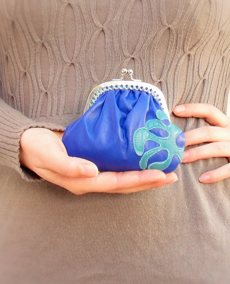 Cartera de cuero con cierre de beso Apliques de cuero azul y verde azulado imagen 7