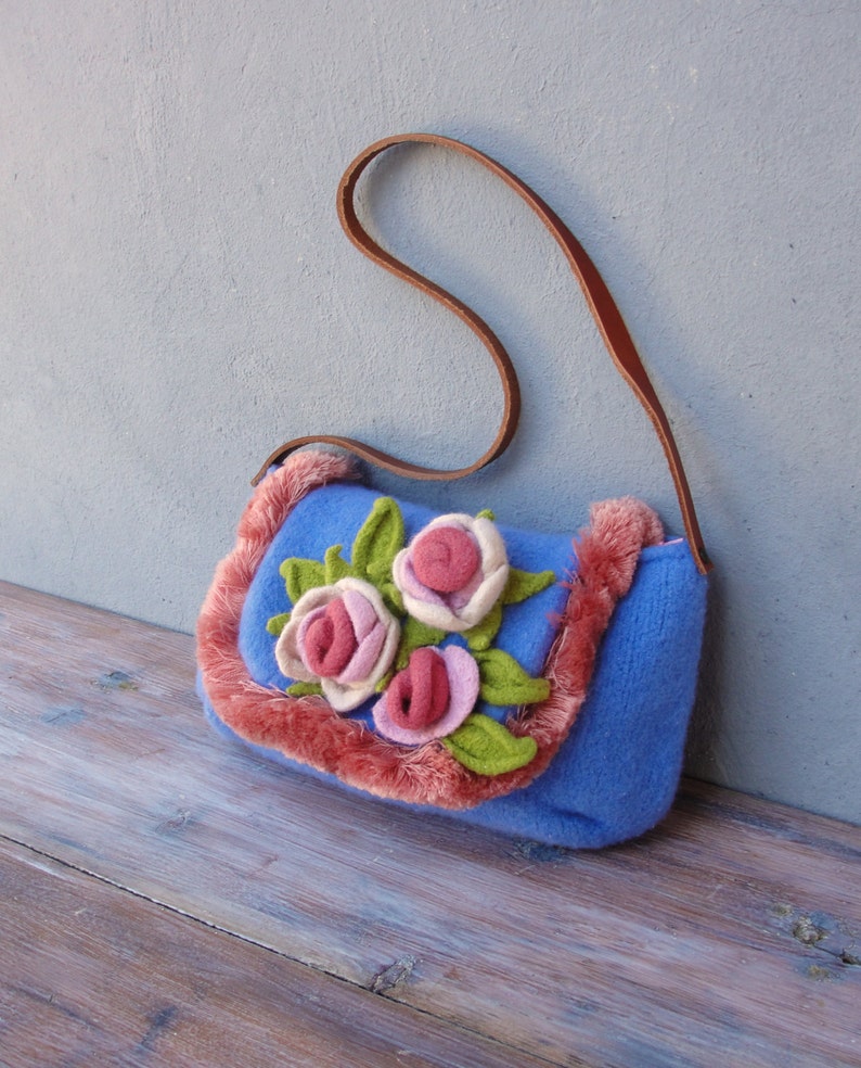 Knitted Felted Wool Bag Kitsch Shabby Chic Rose Floral Purse Etsy