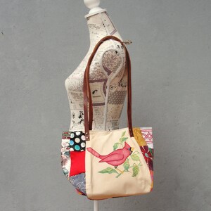 Woodland Bird Bag Vintage Embroidery and Patchwork with Leather Straps image 3