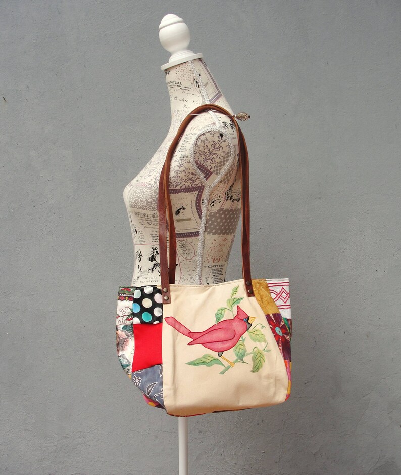 Woodland Bird Bag Vintage Embroidery and Patchwork with Leather Straps image 3