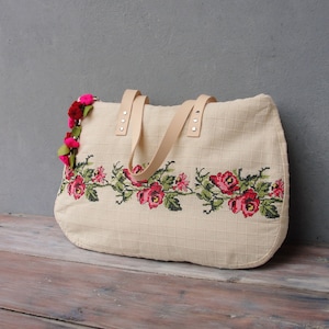 Romantic Overnight Bag, Weekender, Carry-all, Embroidery, Felt and Leather image 1