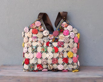 Colorful Flower Bag, Hand folded and Sewn Flowers, Leather Straps