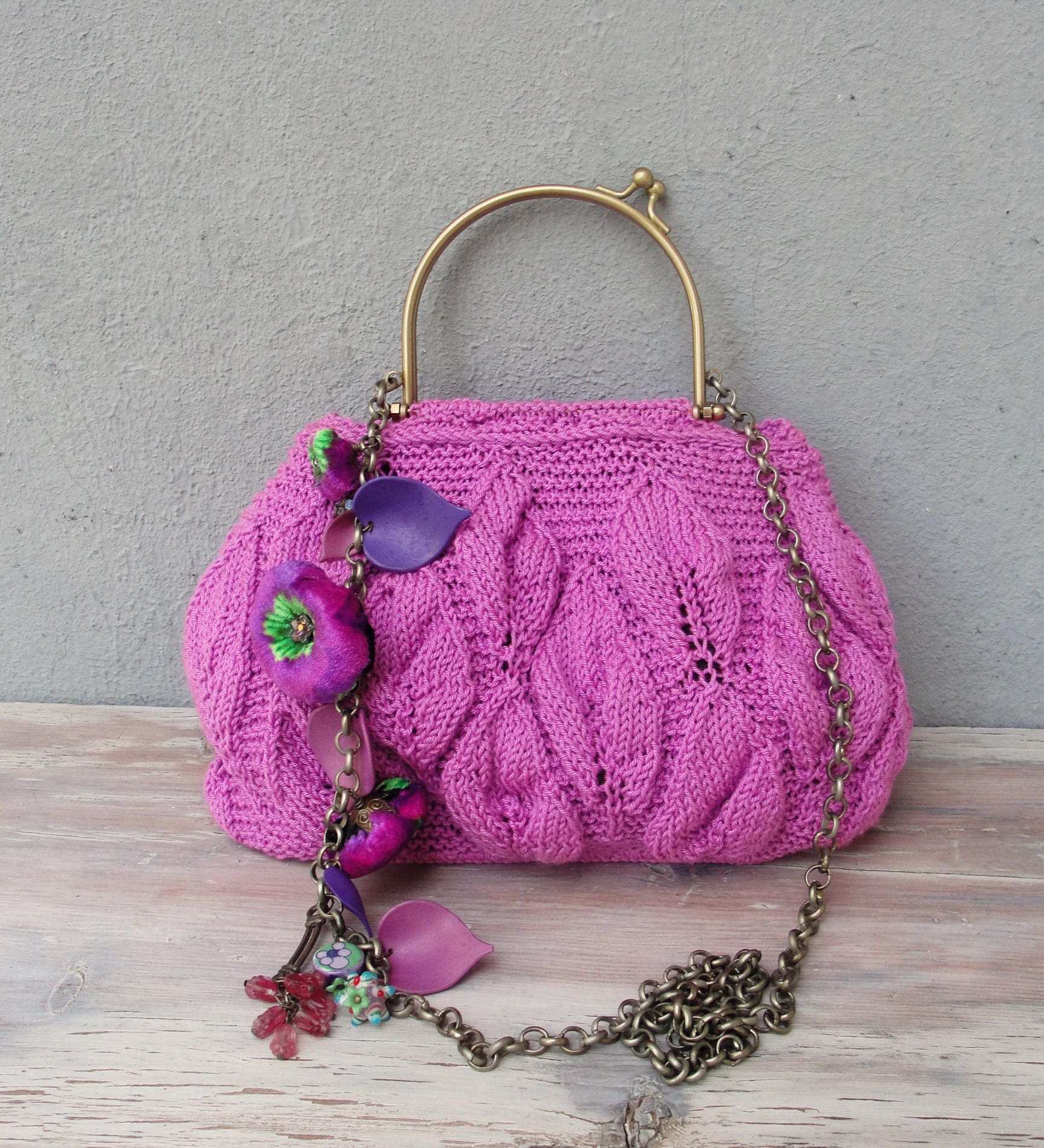 Knitted Purple Bag Hand Knitted Bohemian Purse Flowers | Etsy