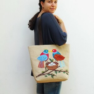 Burlap Leather Bird Tote Natural Woodland Bag image 4