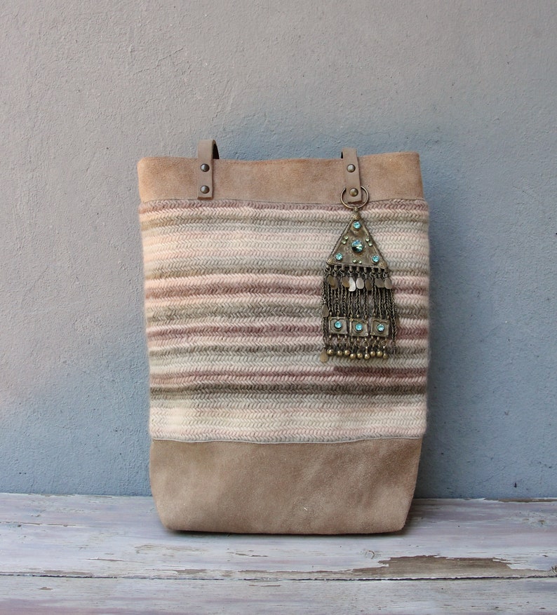 Bohemian Leather Bag, Knitted Leather Tote Bag made with Vintage Kuchi Tassel Charms, Boho Leather Bag image 2