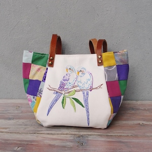 Woodland Parakeet Bird Bag Vintage Embroidery, Purple Patchwork and Leather Bag. image 1