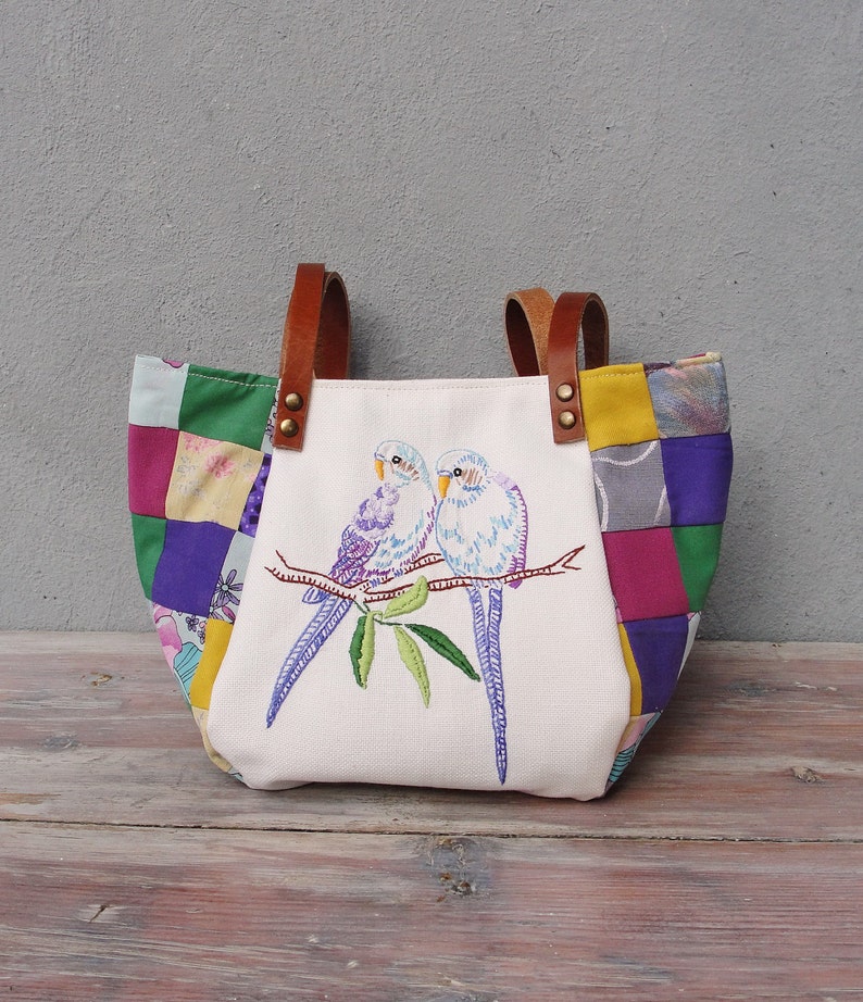 Woodland Parakeet Bird Bag Vintage Embroidery, Purple Patchwork and Leather Bag. image 1