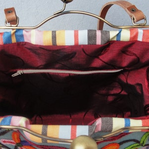 Boho Floral Bag, Vintage Embroidery, Leather, Linen, Kiss-lock, Colorful Bag image 6