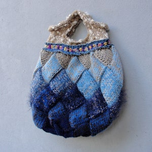 Ombre Knitted Bag, Soft Ocean Colors Bohemian Bag, Dark Blue, Light Blue and Sand Color image 5