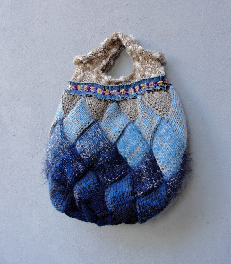 Ombre Knitted Bag, Soft Ocean Colors Bohemian Bag, Dark Blue, Light Blue and Sand Color image 5