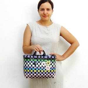 The Cutest Bag, Recycled Plastic Basket Bag, Multicolored and Black, Enamel flowers, Retro Purse image 3