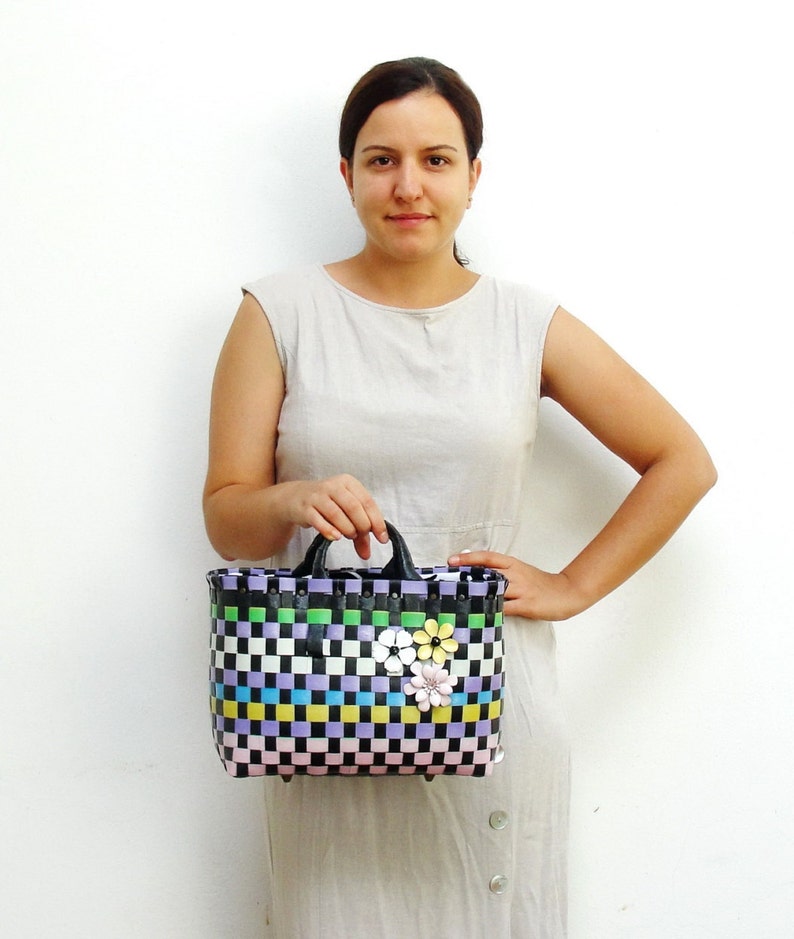 The Cutest Bag, Recycled Plastic Basket Bag, Multicolored and Black, Enamel flowers, Retro Purse image 3