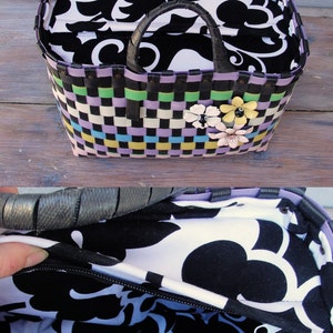 The Cutest Bag, Recycled Plastic Basket Bag, Multicolored and Black, Enamel flowers, Retro Purse image 5