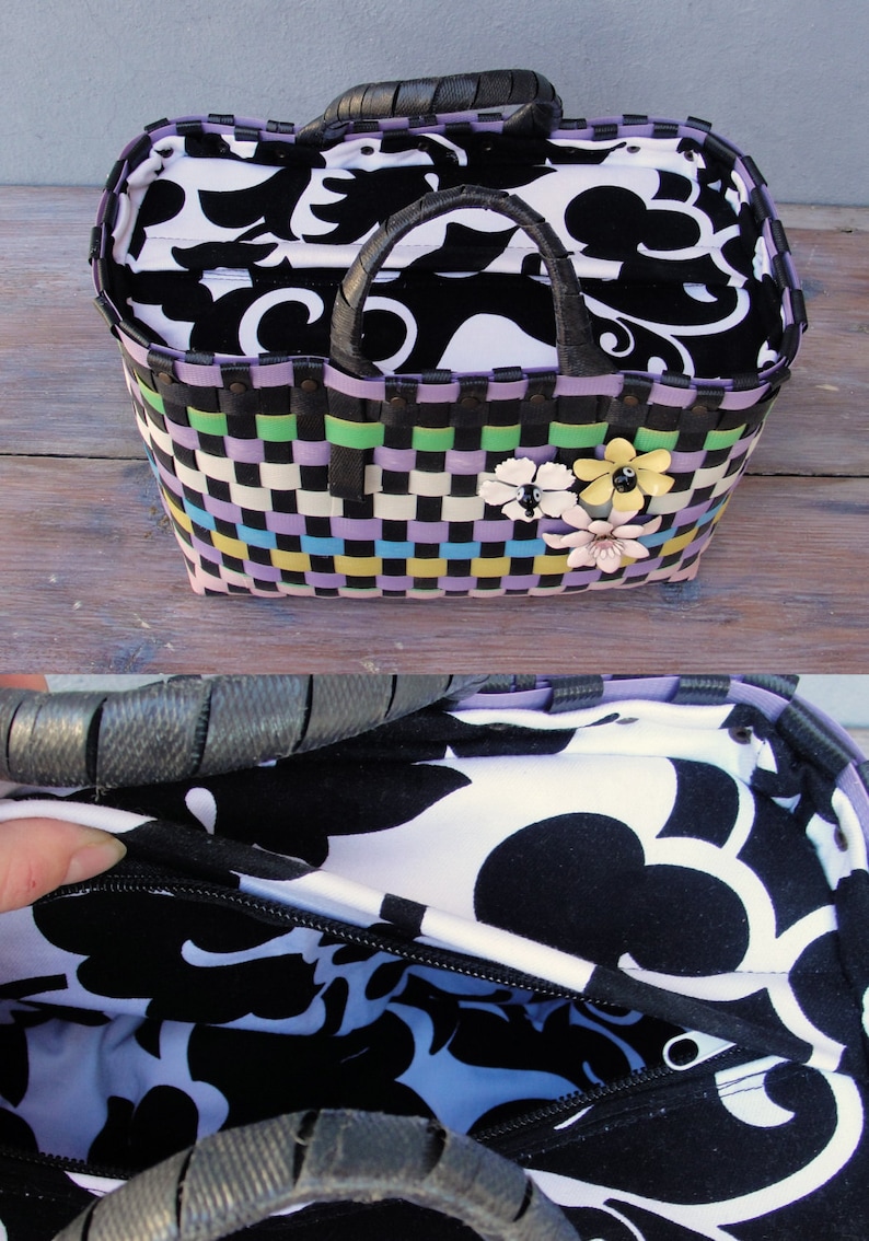 The Cutest Bag, Recycled Plastic Basket Bag, Multicolored and Black, Enamel flowers, Retro Purse image 5