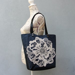 Live, Laugh, Love Wool Suiting, Leather and Antique Lace Tote Bag zdjęcie 8