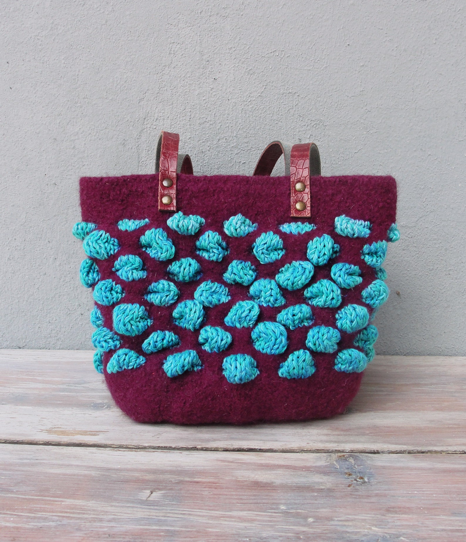 Knitted Felted Wool Bag, Bubble Bag, Purple, Teal, Purse With Leather