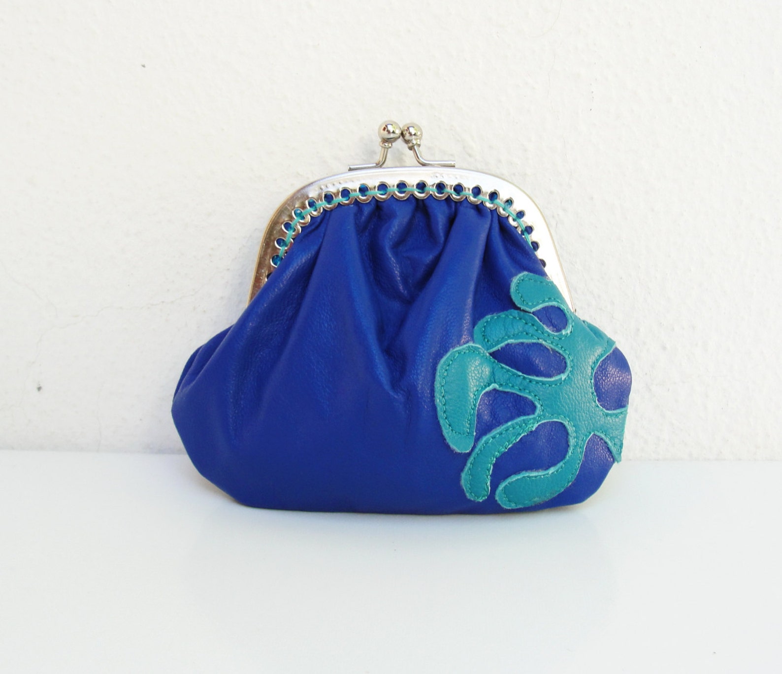 Leather Kiss Lock Wallet Applique Blue and Teal Leather Etsy