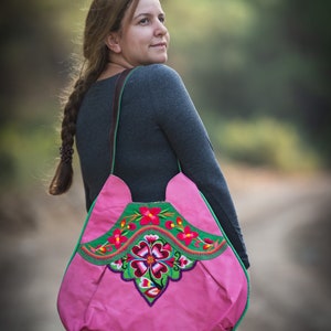 Vintage Embroidery and Leather Bag Large Pink Boho Purse image 2