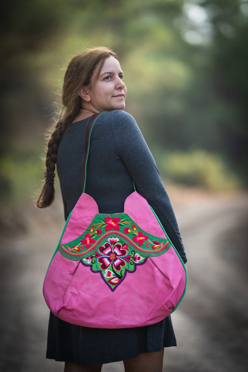 Vintage Embroidery and Leather Bag Large Pink Boho Purse image 2