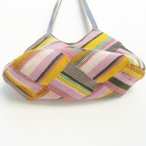 Crocheted Pastel Striped Bag with Leather Strap, Grey, Yellow Pink shades image 5