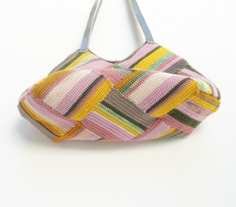 Crocheted Pastel Striped Bag with Leather Strap, Grey, Yellow Pink shades image 5