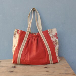 Large Linen Tote, Carryall, Burnt Terra Orange Linen, Vintage Floral Canvas image 2