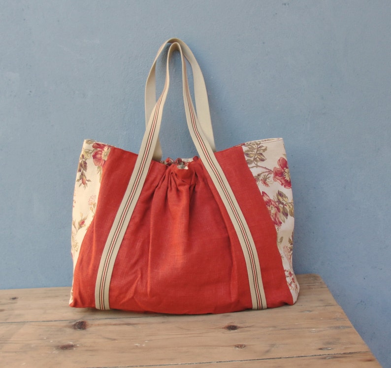 Large Linen Tote, Carryall, Burnt Terra Orange Linen, Vintage Floral Canvas image 2