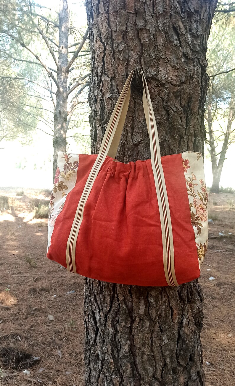 Large Linen Tote, Carryall, Burnt Terra Orange Linen, Vintage Floral Canvas image 9