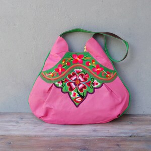 Vintage Embroidery and Leather Bag Large Pink Boho Purse image 3
