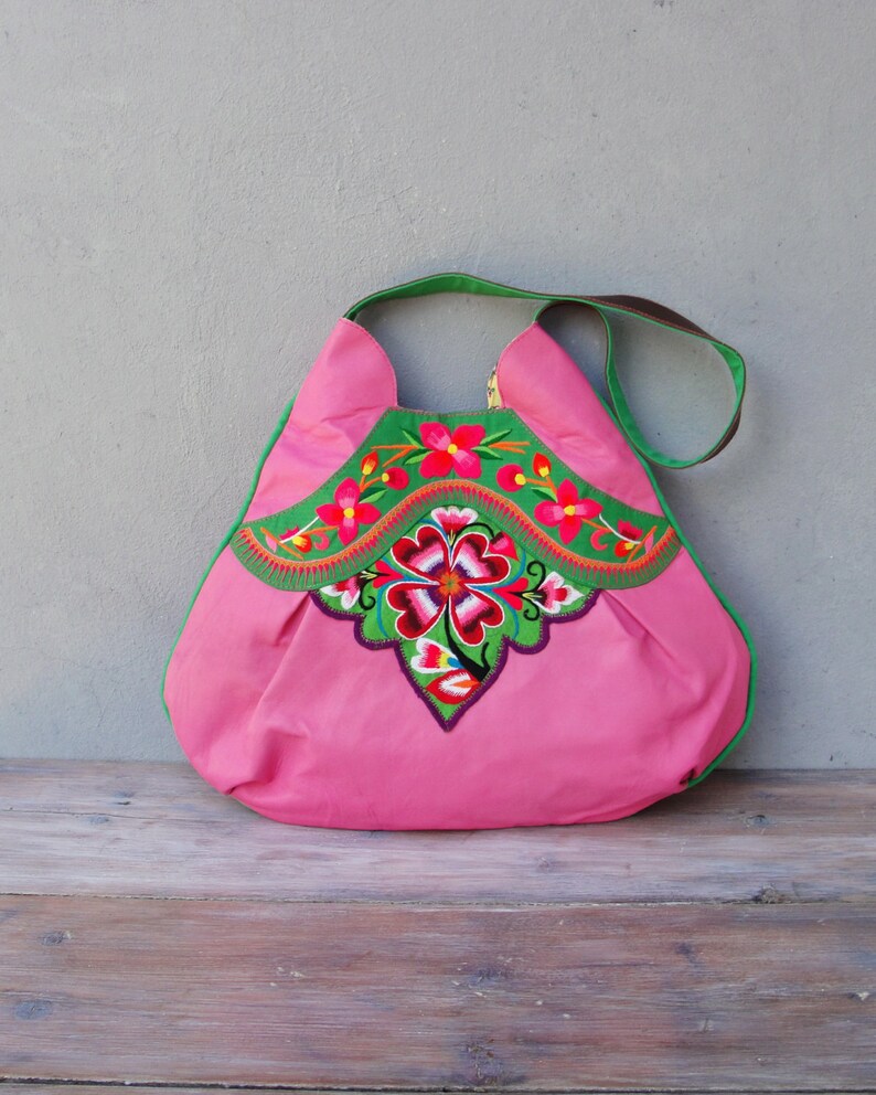 Vintage Embroidery and Leather Bag Large Pink Boho Purse image 3