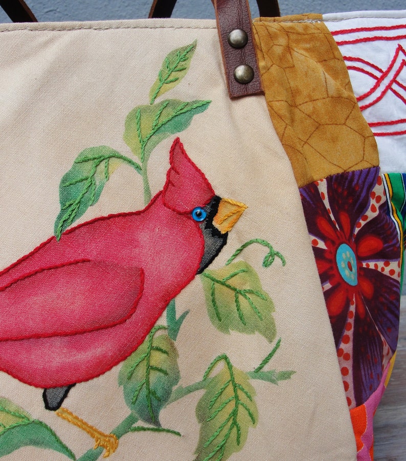 Woodland Bird Bag Vintage Embroidery and Patchwork with Leather Straps image 4
