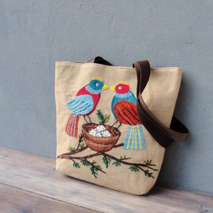 Burlap Leather Bird Tote Natural Woodland Bag image 1