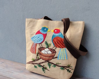 Burlap Leather Bird Tote Natural Woodland Bag