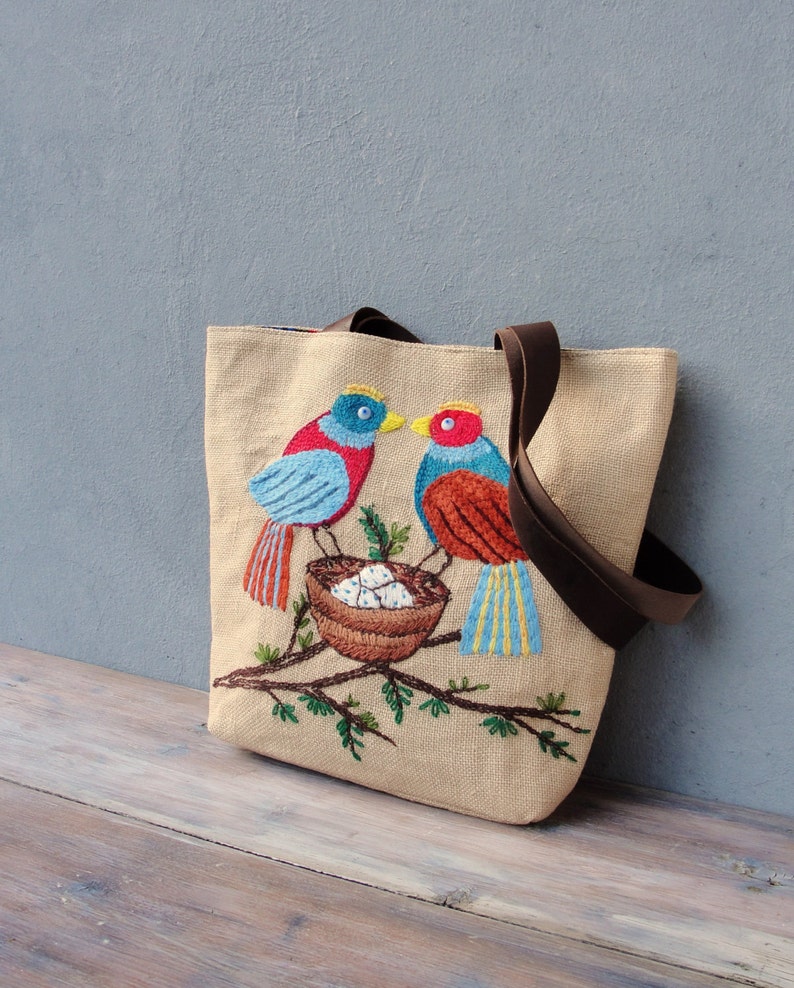 Burlap Leather Bird Tote Natural Woodland Bag image 1