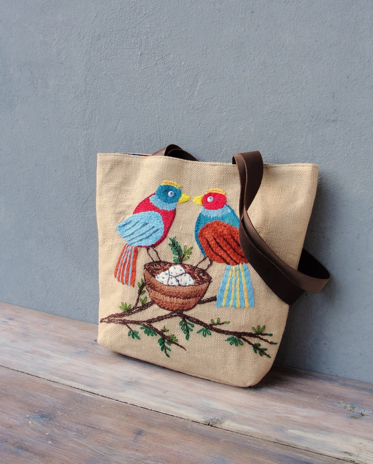 Burlap Leather Bird Tote Natural Woodland Bag Etsy