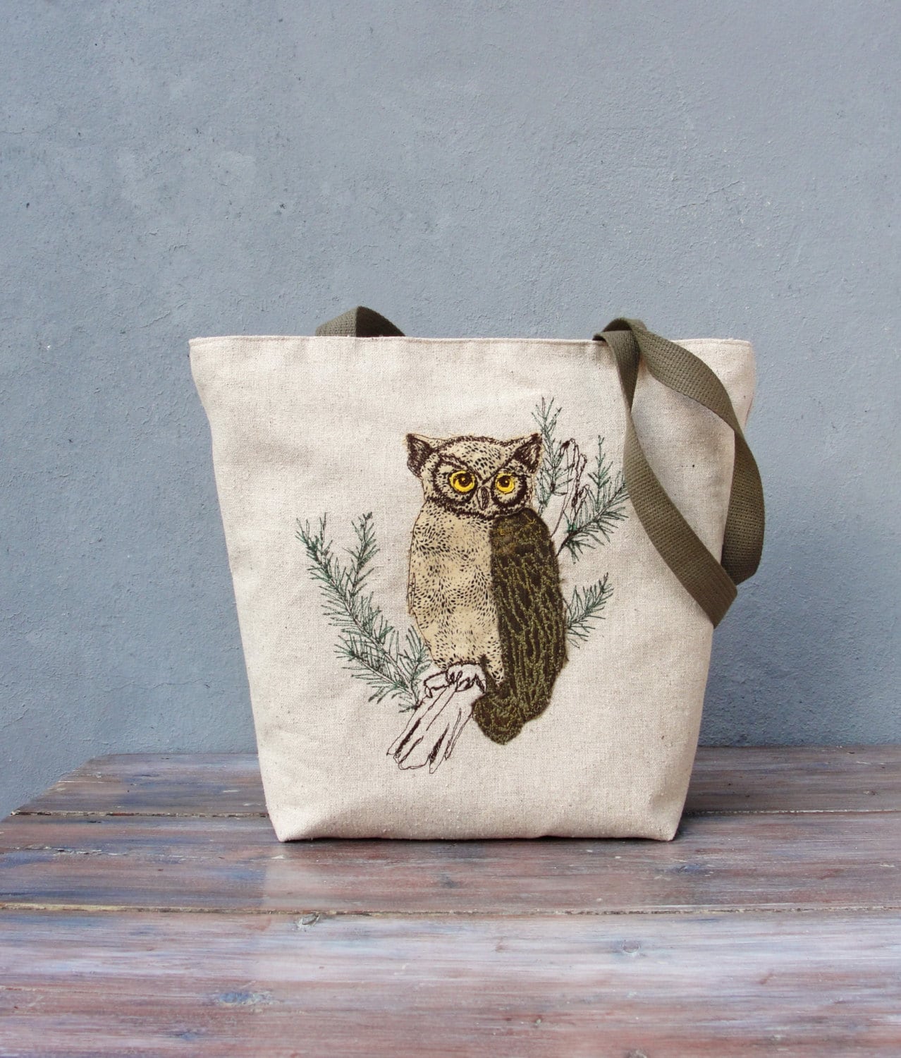 Linen Embroidered Owl Tote Natural Woodland Bag Etsy